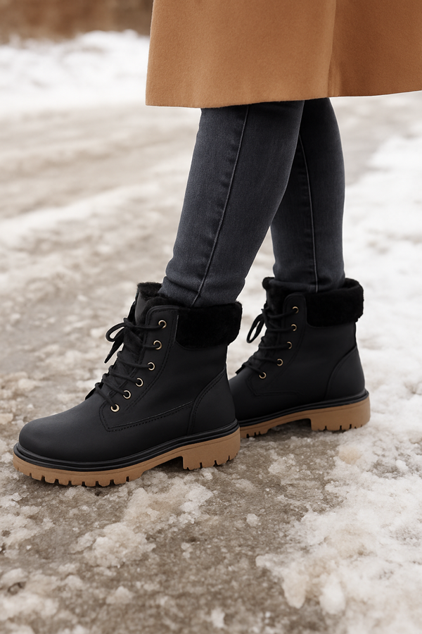 Czarne zimowe trapery z beżową podeszwą noszone do ciemnych jeansów na ośnieżonym chodniku.