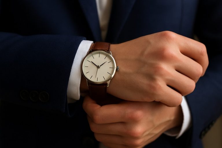 Zbliżenie na męski nadgarstek w eleganckiej marynarce, z minimalistycznym zegarkiem na brązowym skórzanym pasku.