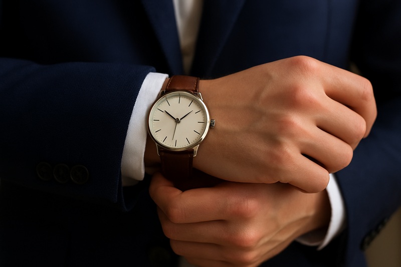 Zbliżenie na męski nadgarstek w eleganckiej marynarce, z minimalistycznym zegarkiem na brązowym skórzanym pasku.