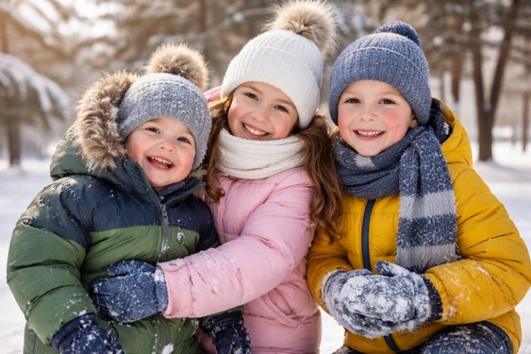 Dzieci ubrane w zimowe kombinezony i kurtki bawiące się na śniegu w słoneczny dzień