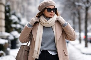 Elegancka zimowa stylizacja kobiety w beżowym płaszczu, jasnym szaliku i berecie, pokazująca warstwowe ubieranie się zimą bez nadmiernej objętości