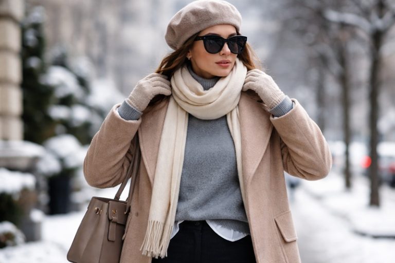 Elegancka zimowa stylizacja kobiety w beżowym płaszczu, jasnym szaliku i berecie, pokazująca warstwowe ubieranie się zimą bez nadmiernej objętości