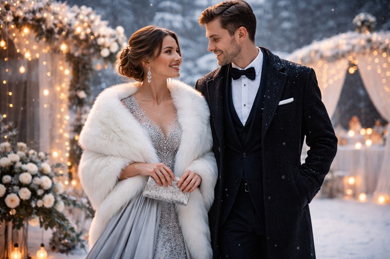 Elegancka para na zimowym weselu w plenerze, kobieta w srebrnej sukni i białym futerku oraz mężczyzna w czarnym płaszczu, otoczeni śniegiem i nastrojowym światłem