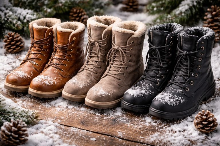 Trwałe buty zimowe wykonane ze skóry, zamszu i materiału syntetycznego ustawione na śniegu, porównanie materiałów obuwia