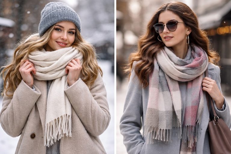 szale które grzeją – porównanie grubego wełnianego szala i cienkiego modnego szala noszonych zimą w miejskiej scenerii