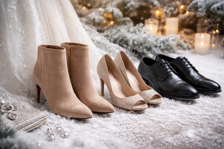 buty na zimowe wesele w eleganckiej aranżacji z botkami i szpilkami na tle śniegu