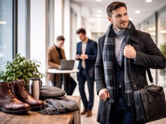 zimowe stylizacje do pracy w biurze z eleganckim męskim strojem