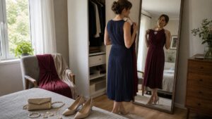 Kobieta wybierająca elegancką stylizację na wesele jako gość