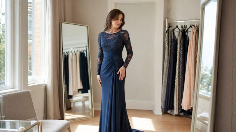 Elegancka kobieta podczas przymiarki sukni w jasnym salonie z lustrami